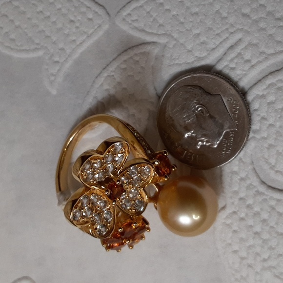 925  Golden South Sea Pearl, Madeira Citrine, White Zircons Ring. 10.5mm FIRM. - Picture 5 of 17